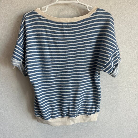 Splendid Cream & Light Blue Striped Short Sleeve Crew Neck Sweatshirt Top - Picture 2 of 5